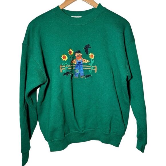 Vintage 90s Peanut Butter And Jelly Halloween Scarecrow Green Sweatshirt Medium - Picture 1 of 4